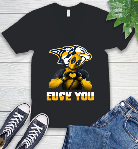 NHL Nashville Predators Deadpool Love You Fuck You Hockey Sports V-Neck T-Shirt