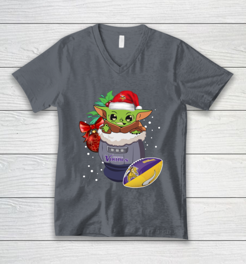 Minnesota Vikings Christmas Baby Yoda Star Wars Funny Happy NFL V-Neck T-Shirt 5