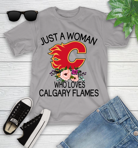 NHL Just A Woman Who Loves Calgary Flames Hockey Sports Youth T-Shirt 2