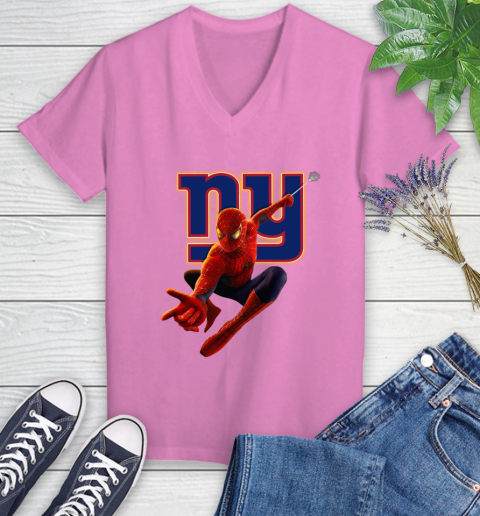 NFL Spider Man Avengers Endgame Football New York Giants Women's V-Neck T-Shirt 14