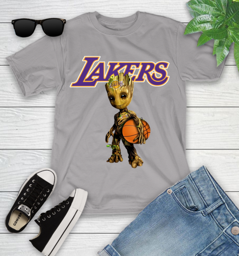 Los Angeles Lakers NBA Basketball Groot Marvel Guardians Of The Galaxy Youth T-Shirt 4