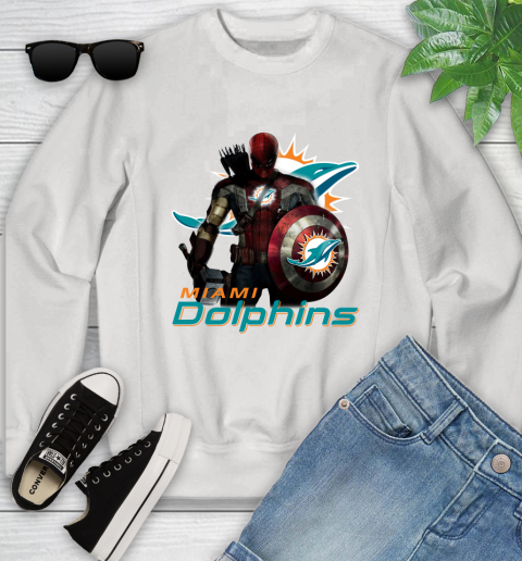 NFL Captain America Thor Spider Man Hawkeye Avengers Endgame Football Miami Dolphins Youth Sweatshirt