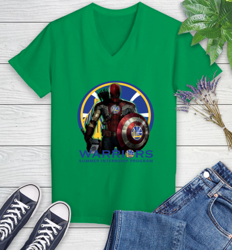 Golden State Warriors NBA Basketball Captain America Thor Spider Man Hawkeye Avengers Women's V-Neck T-Shirt 5