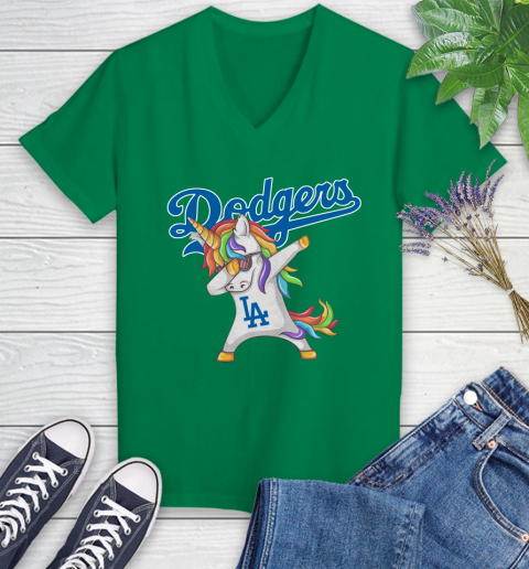Los Angeles Dodgers MLB Baseball Funny Unicorn Dabbing Sports Women's V-Neck T-Shirt 5