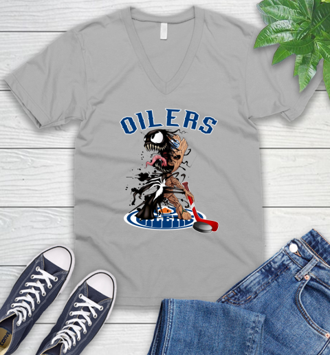 NHL Edmonton Oilers Hockey Venom Groot Guardians Of The Galaxy V-Neck T-Shirt 4