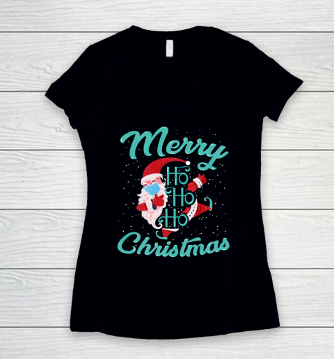 Merry Christmas Ho Ho Ho Santa Claus Wearing A Face Mask Women's V-Neck T-Shirt