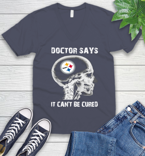 NFL Pittsburgh Steelers Football Skull It Can't Be Cured Shirt V-Neck T-Shirt 7