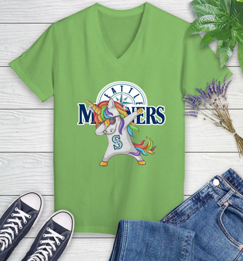 Seattle Mariners MLB Baseball Funny Unicorn Dabbing Sports Women's V-Neck T-Shirt 11