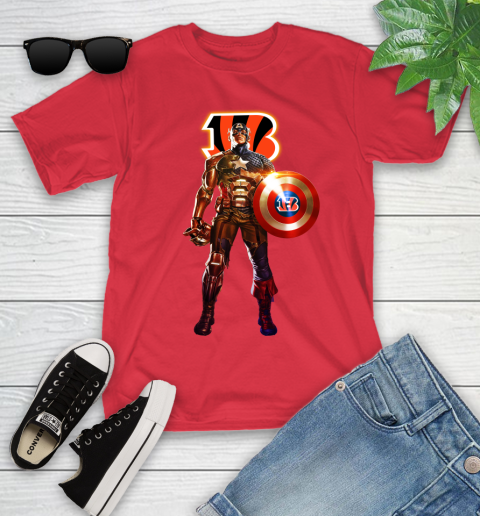 NFL Captain America Marvel Avengers Endgame Football Sports Cincinnati Bengals Youth T-Shirt 10