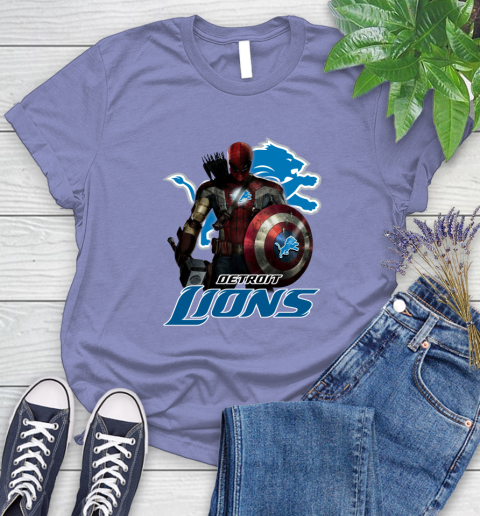 NFL Captain America Thor Spider Man Hawkeye Avengers Endgame Football Detroit Lions Women's T-Shirt 11