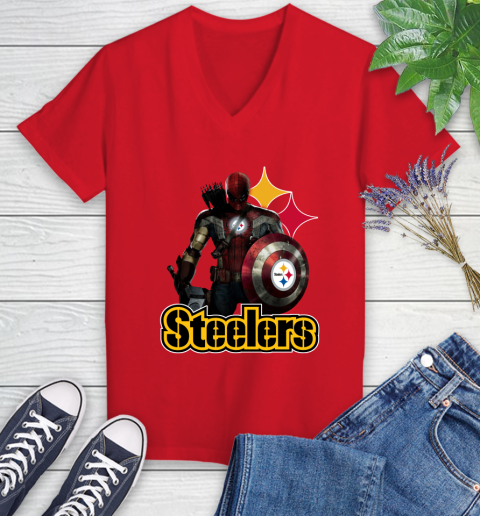 NFL Captain America Thor Spider Man Hawkeye Avengers Endgame Football Pittsburgh Steelers Women's V-Neck T-Shirt 12