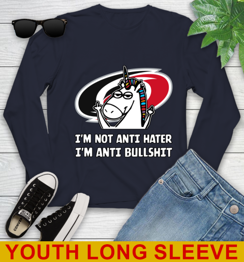 Carolina Hurricanes NHL Hockey Unicorn I'm Not Anti Hater I'm Anti Bullshit Youth Long Sleeve 3