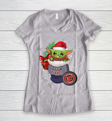 Calgary Flames Christmas Baby Yoda Star Wars Funny Happy NHL Women's V-Neck T-Shirt 2