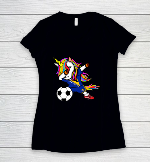 Dabbing Unicorn Bosnia and Herzegovina Football Flag Soccer Women's V-Neck T-Shirt