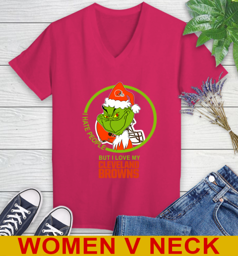 Cleveland Browns NFL Christmas Grinch I Hate People But I Love My Favorite Football Team Women's V-Neck T-Shirt 10