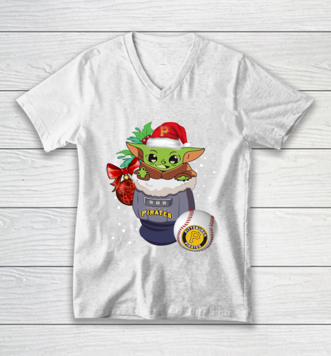Pittsburgh Pirates Christmas Baby Yoda Star Wars Funny Happy MLB V-Neck T-Shirt 2