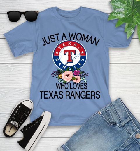 MLB Just A Woman Who Loves Texas Rangers Baseball Sports Youth T-Shirt 9