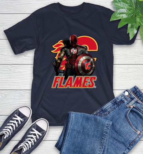 NHL Captain America Thor Spider Man Hawkeye Avengers Endgame Hockey Calgary Flames T-Shirt 4