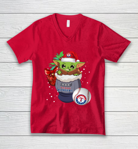 Texas Rangers Christmas Baby Yoda Star Wars Funny Happy MLB V-Neck T-Shirt 7
