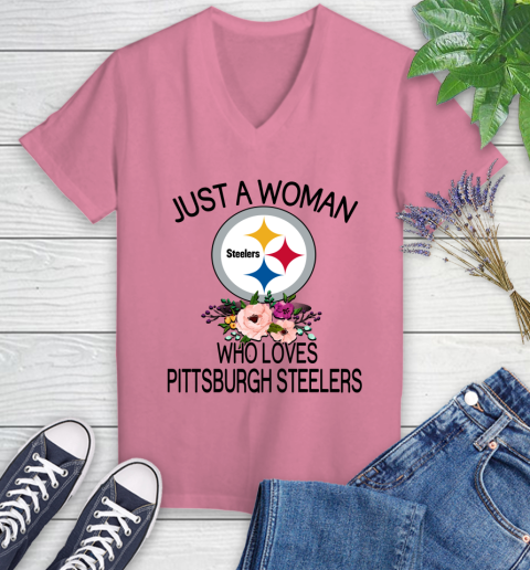 NFL Just A Woman Who Loves Pittsburgh Steelers Football Sports Women's V-Neck T-Shirt 8