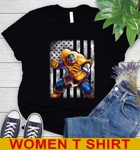 NFL Football Pittsburgh Steelers Thanos Marvel American Flag Shirt Women's T-Shirt