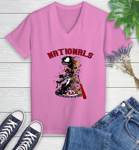 MLB Washington Nationals Baseball Venom Groot Guardians Of The Galaxy Women's V-Neck T-Shirt 14