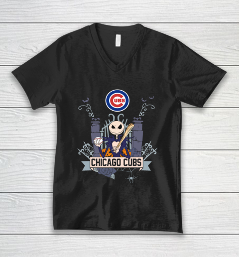 MLB Chicago Cubs Baseball Jack Skellington Halloween V-Neck T-Shirt