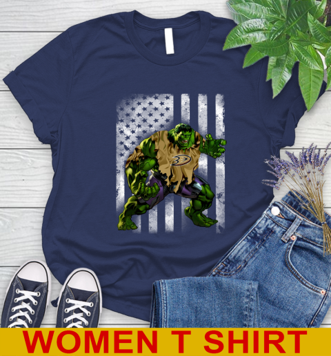 Anaheim Ducks Hulk Marvel Avengers NHL Hockey American Flag Women's T-Shirt 12