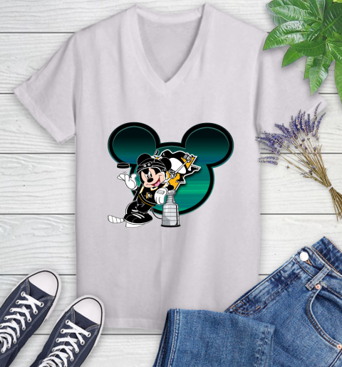 NHL Pittsburgh Penguins Stanley Cup Mickey Mouse Disney Hockey T Shirt Women's V-Neck T-Shirt