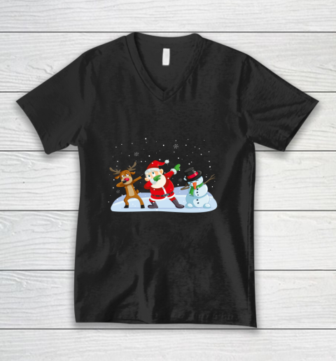 Santa Claus Reindeer Snowman Dabbing Xmas Christmas V-Neck T-Shirt