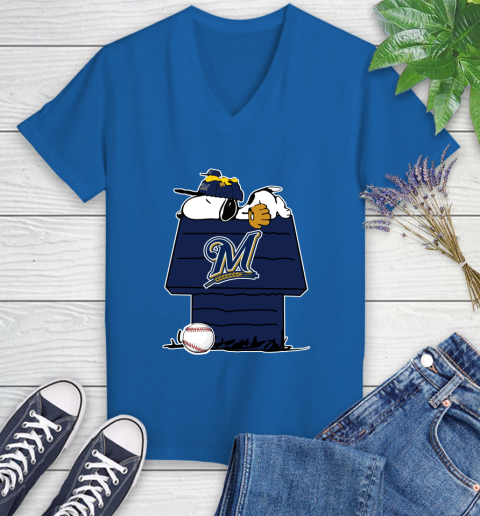 MLB Milwaukee Brewers Snoopy Woodstock The Peanuts Movie Baseball T Shirt Women's V-Neck T-Shirt 10