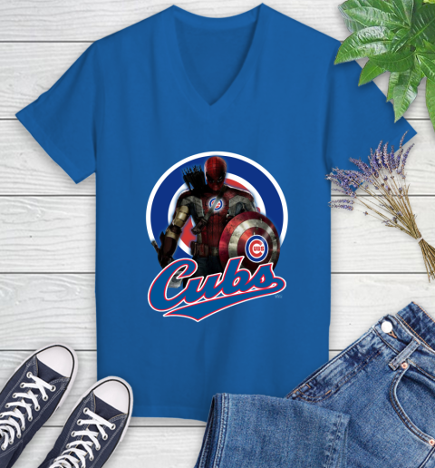 MLB Captain America Thor Spider Man Hawkeye Avengers Endgame Baseball Chicago Cubs Women's V-Neck T-Shirt 10