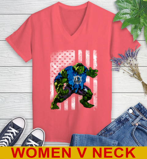 Dallas Mavericks Hulk Marvel Avengers NBA Basketball American Flag Women's V-Neck T-Shirt 6