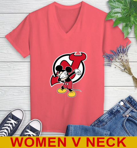 New Jersey Devils NHL Hockey Dabbing Mickey Disney Sports Women's V-Neck T-Shirt 7