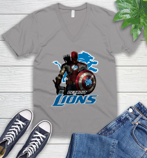 NFL Captain America Thor Spider Man Hawkeye Avengers Endgame Football Detroit Lions V-Neck T-Shirt 4