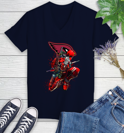 NFL Deadpool Marvel Comics Sports Football Arizona Cardinals Women's V-Neck T-Shirt 3