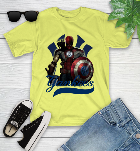 MLB Captain America Thor Spider Man Hawkeye Avengers Endgame Baseball New York Yankees Youth T-Shirt 8