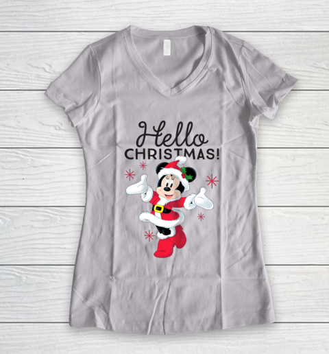 Disney Santa Minnie Mouse Hello Christmas Holiday Women's V-Neck T-Shirt