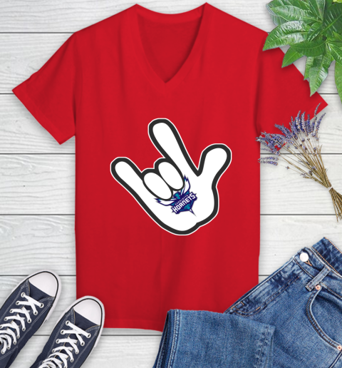Charlotte Hornets NBA Basketball Mickey Rock Hand Disney Women's V-Neck T-Shirt 12