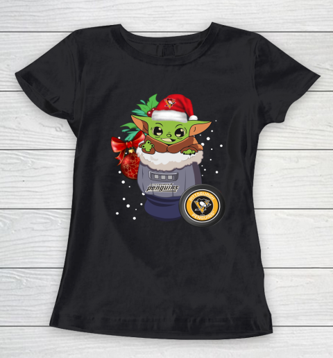 Pittsburgh Penguins Christmas Baby Yoda Star Wars Funny Happy NHL Women's T-Shirt 2
