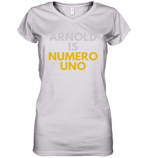 Fans of Schwarzenegger, Arnold is numero uno Women's V-Neck T-Shirt rzyr fans of schwarzenegger arnold is numero uno women v neck t shirt 39 front white