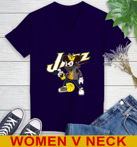 Utah Jazz NBA Basketball Mickey Peace Sign Sports Women's V-Neck T-Shirt 4