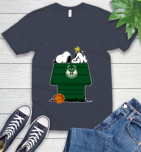 Milwaukee Bucks NBA Basketball Snoopy Woodstock The Peanuts Movie V-Neck T-Shirt 9