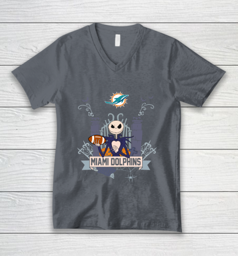 NFL Miami Dolphins Football Jack Skellington Halloween V-Neck T-Shirt 4