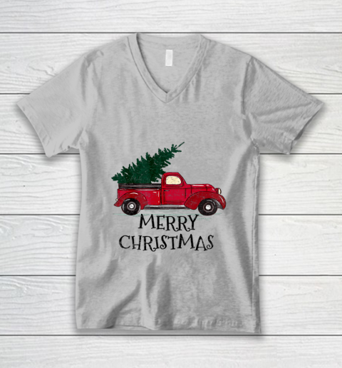 Vintage Red Truck With Merry Christmas Tree V-Neck T-Shirt 2