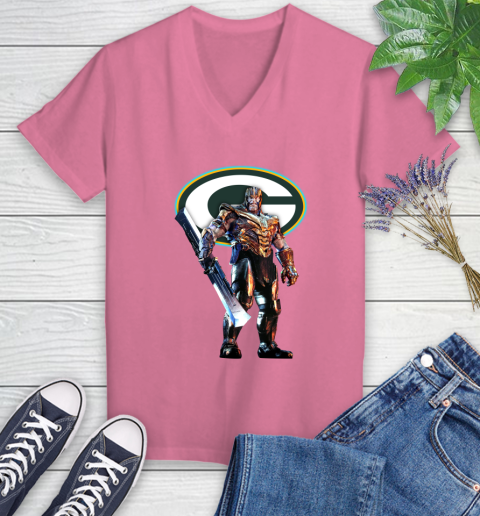 NFL Thanos Gauntlet Avengers Endgame Football Green Bay Packers Women's V-Neck T-Shirt 13