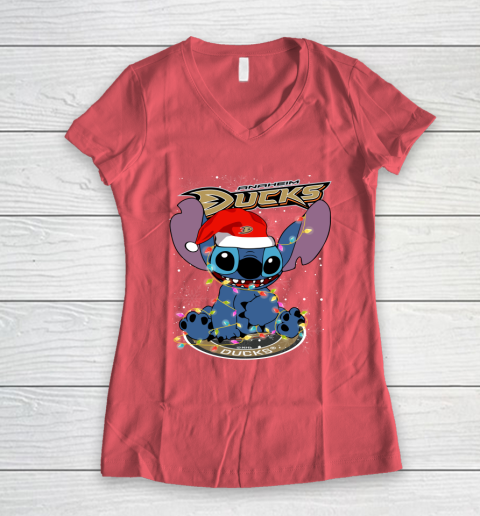 Anaheim Ducks NHL Hockey noel stitch Christmas Women's V-Neck T-Shirt 3