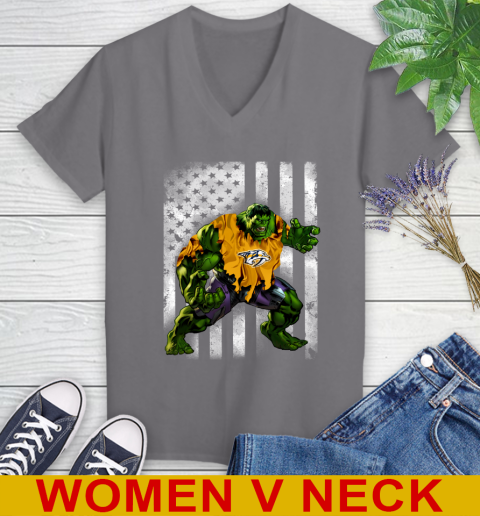 Nashville Predators Hulk Marvel Avengers NHL Hockey American Flag Women's V-Neck T-Shirt 11