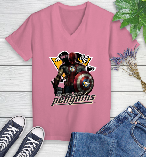 NHL Captain America Thor Spider Man Hawkeye Avengers Endgame Hockey Pittsburgh Penguins Women's V-Neck T-Shirt 13