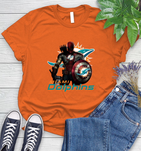 NFL Captain America Thor Spider Man Hawkeye Avengers Endgame Football Miami Dolphins Women's T-Shirt 4
